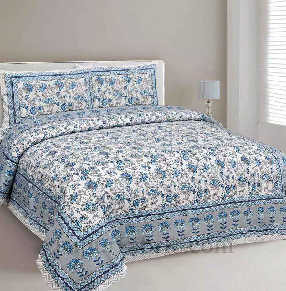 Fresh Carnations Blue Pure Cotton Double BedSheet