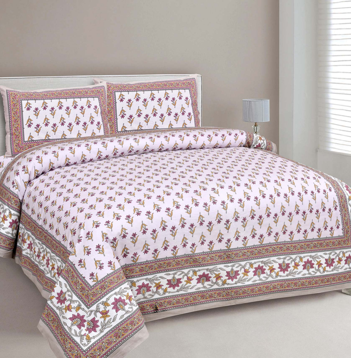 Pink Cotton Buds Beige Creeper Border Pure Cotton Double BedSheet