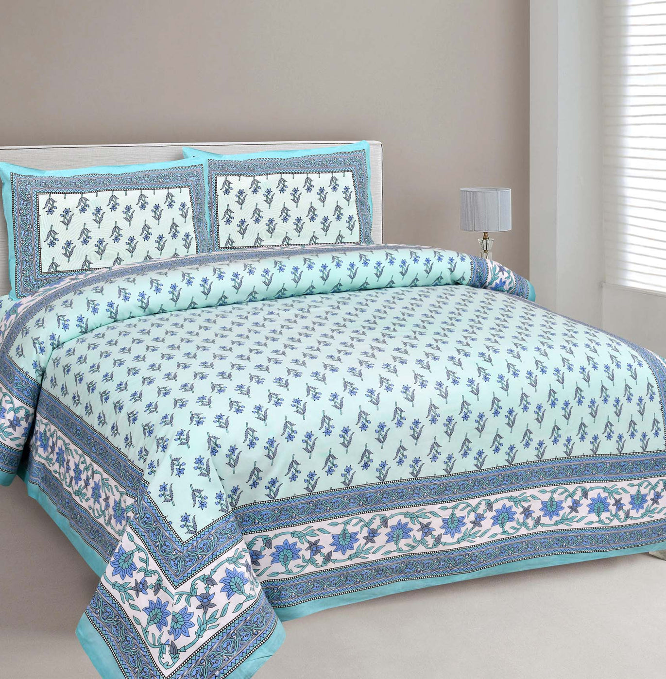 Blue Cotton Buds Blue Creeper Border Pure Cotton Double BedSheet