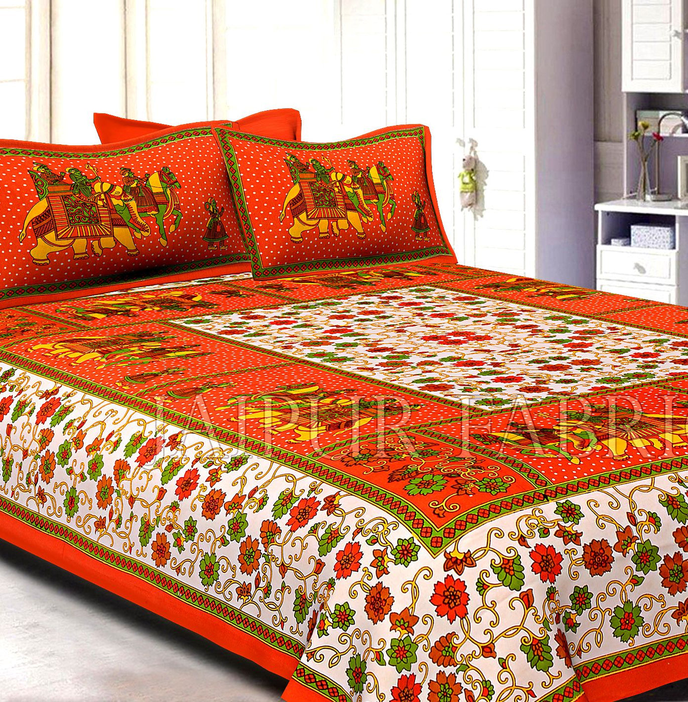 Orange Border Cream Base Barat Pattern Cotton Double Bed Sheet