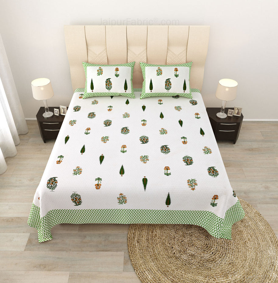 Folklore Fables Green Block Print Pure Cotton Double Bedsheet