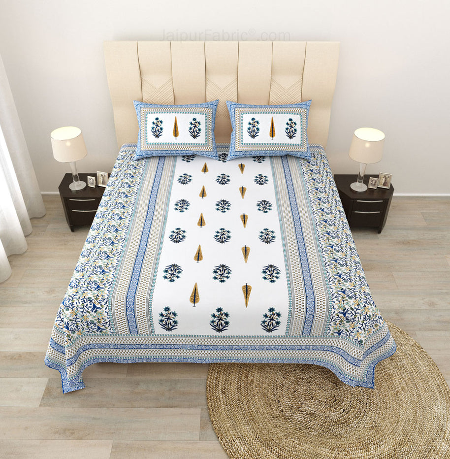 Serene Symmetry Blue Block Print Pure Cotton Double Bedsheet