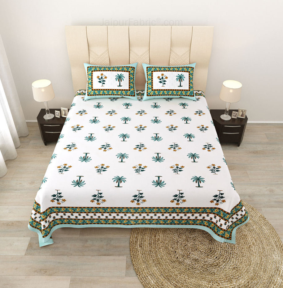 Cultural Mosaic SeaGreen Block Print Pure Cotton Double Bedsheet