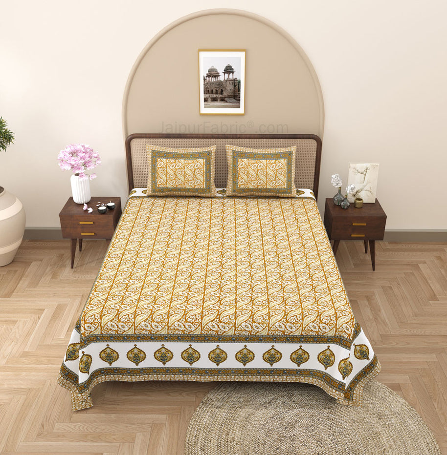 Rustic Rhythms Mustard Block Print Pure Cotton Double Bedsheet