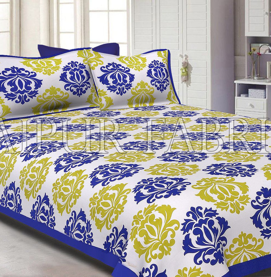 Navy Blue boader cream base with floral pattern double bed sheet