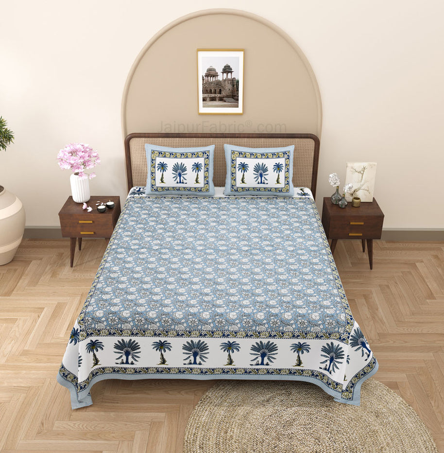 Whimsical Woodcuts Blue Block Print Pure Cotton Double Bedsheet