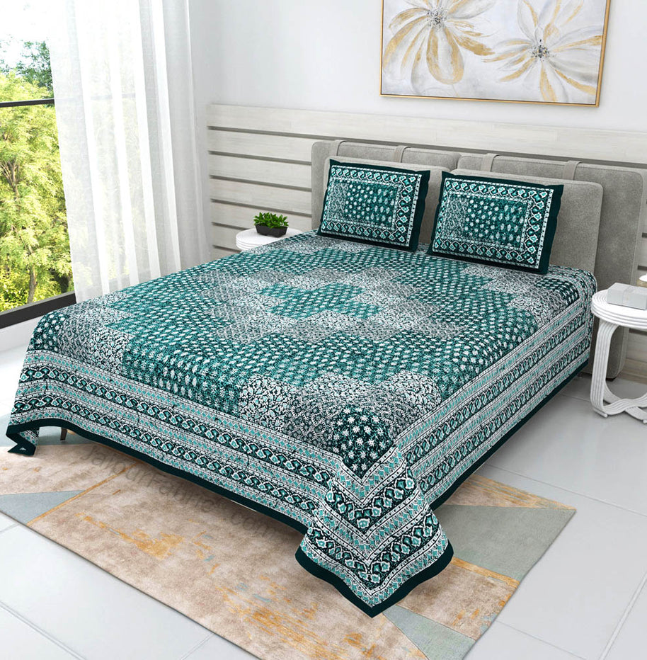 Green Cubicals Dabu Print Jaipuri Double Bedsheet