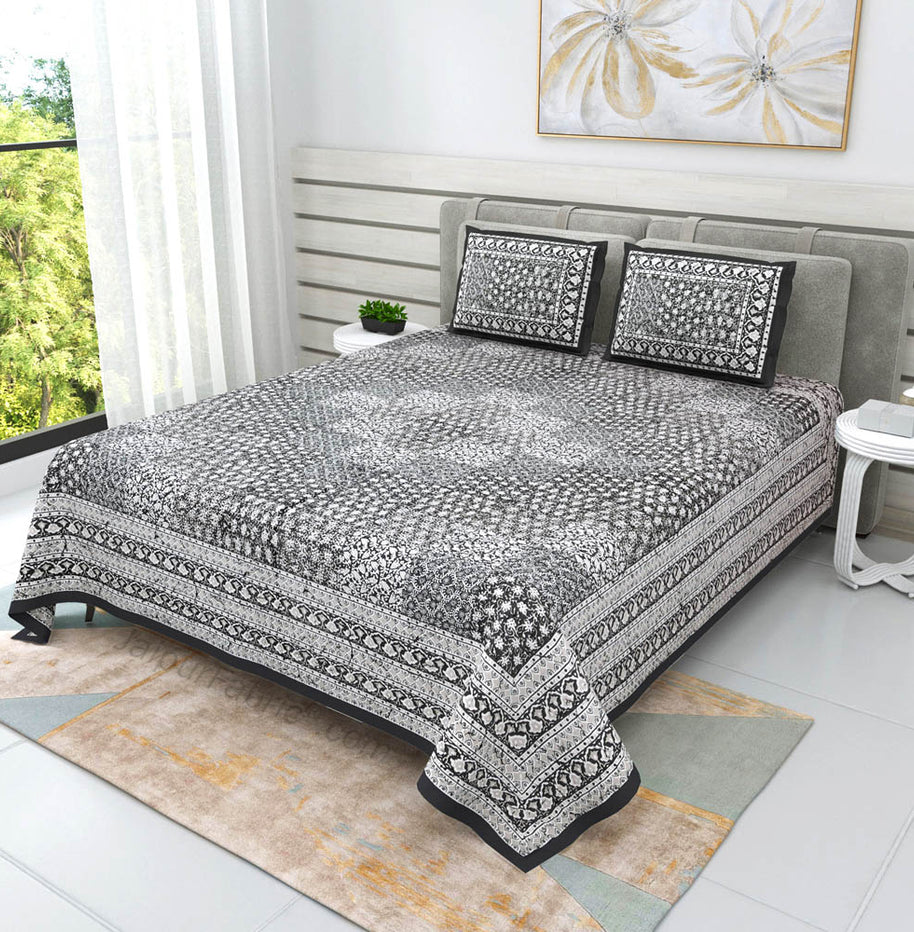 Gray Cubicals Dabu Print Jaipuri Double Bedsheet