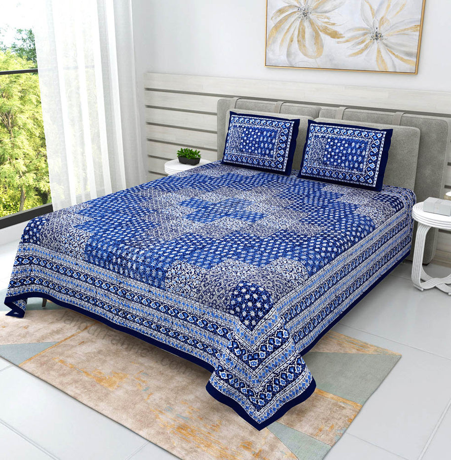 Blue Cubicals Dabu Print Jaipuri Double Bedsheet