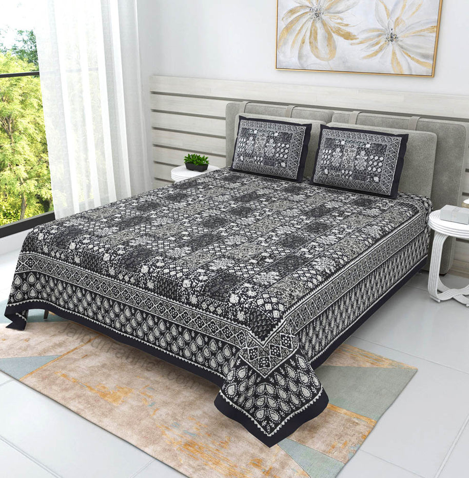 Grey Floral Polygons Dabu Print Jaipuri Double Bedsheet