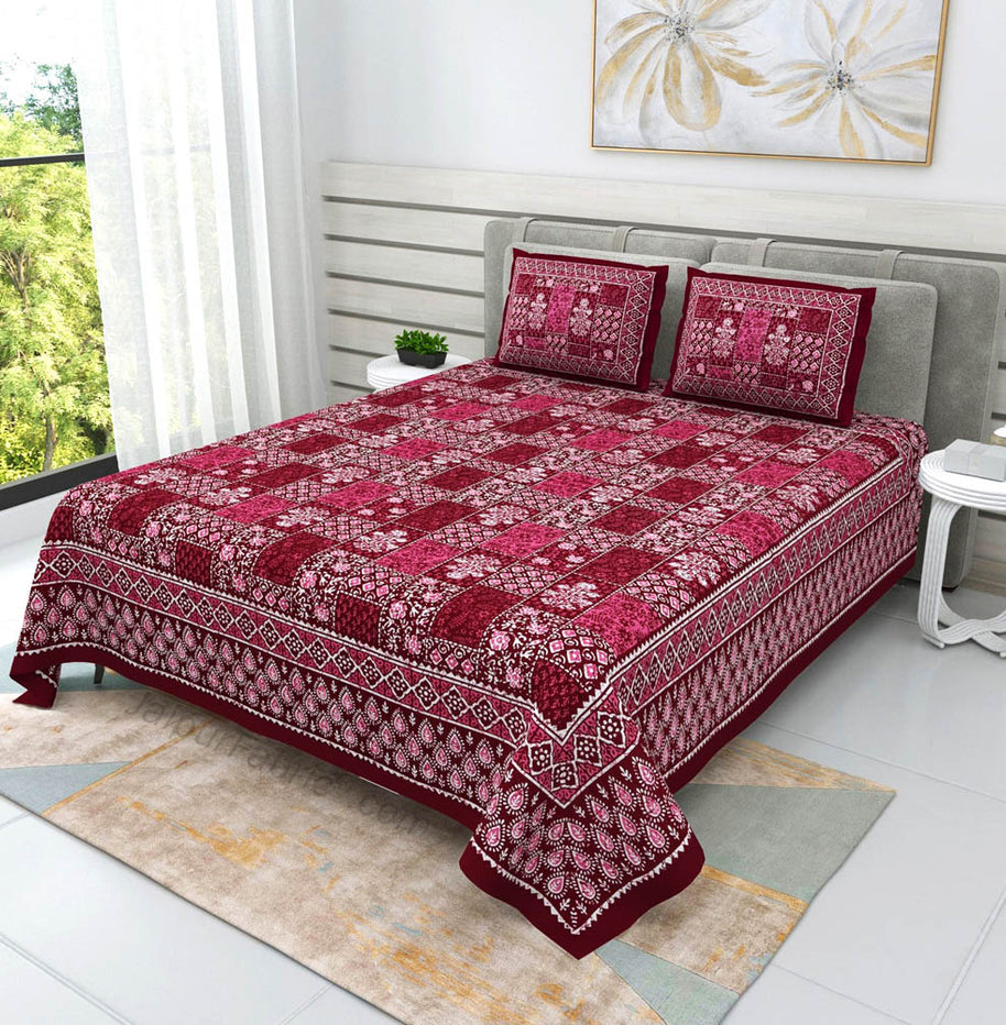 Maroon Floral Polygons Dabu Print Jaipuri Double Bedsheet