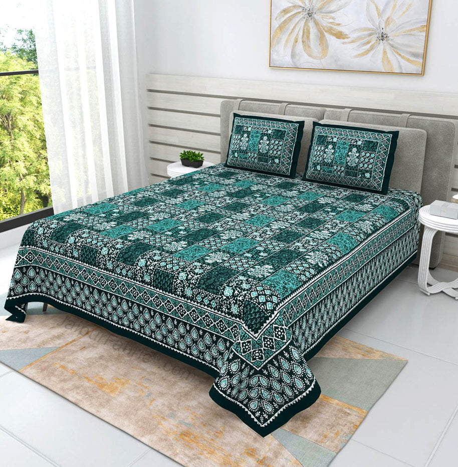 Green Floral Polygons Dabu Print Jaipuri Double Bedsheet