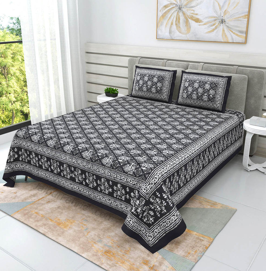 Grey Topiary Dabu Print Jaipuri Double Bedsheet