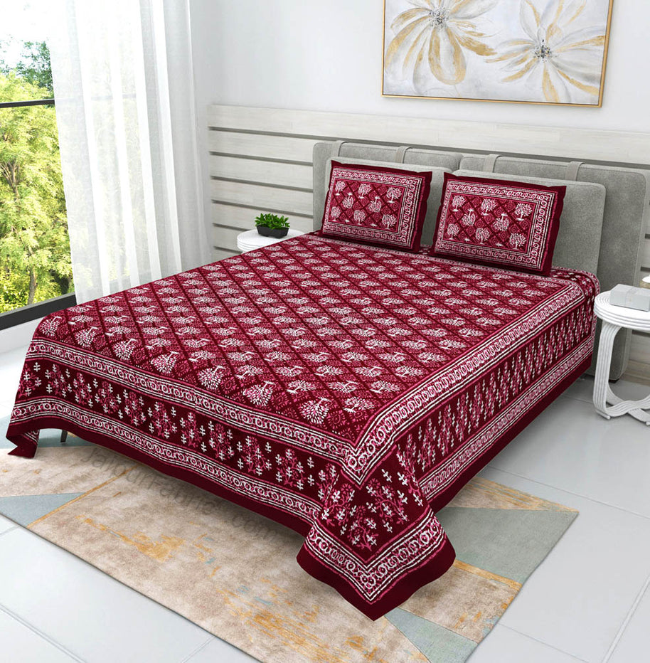 Maroon Topiary Dabu Print Jaipuri Double Bedsheet