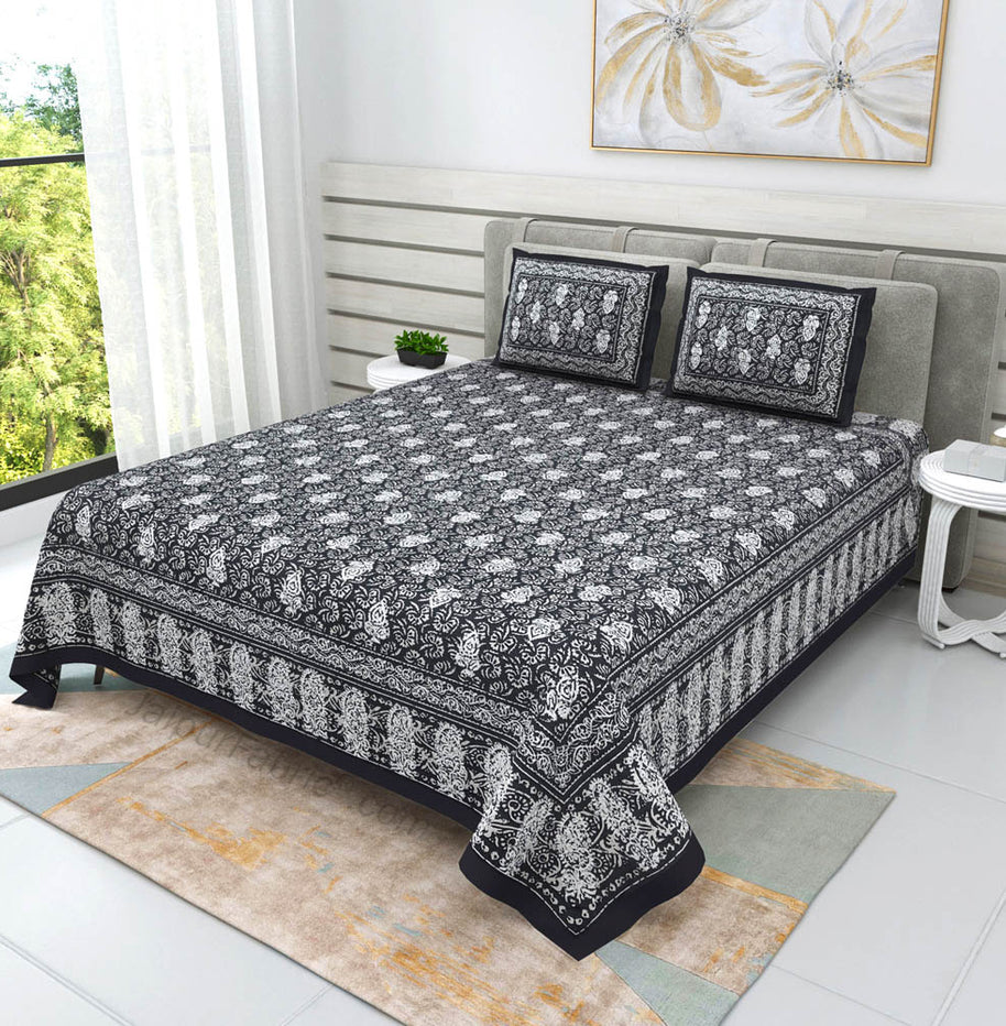 Grey Conic Dabu Print Jaipuri Double Bedsheet