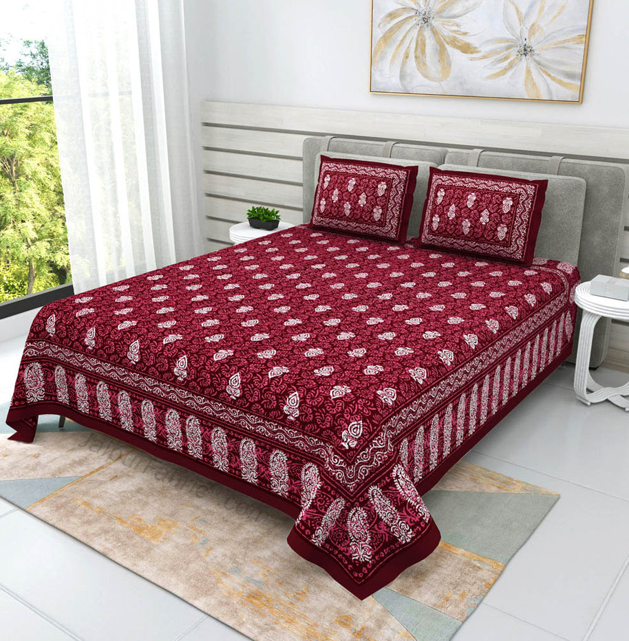 Maroon Conic Dabu Print Jaipuri Double Bedsheet