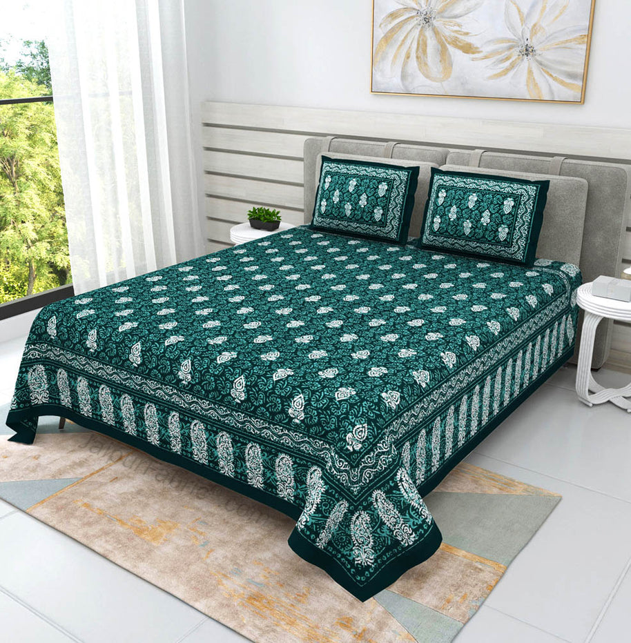 Green Conic Dabu Print Jaipuri Double Bedsheet