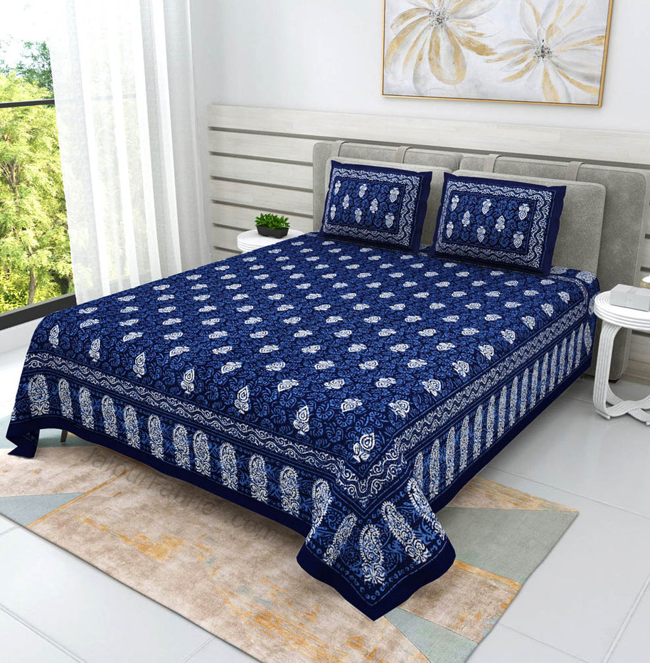 Blue Conic Dabu Print Jaipuri Double Bedsheet