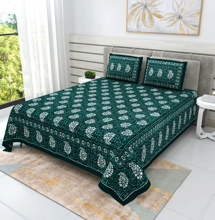 Green Buta Dabu Print Jaipuri Double Bedsheet