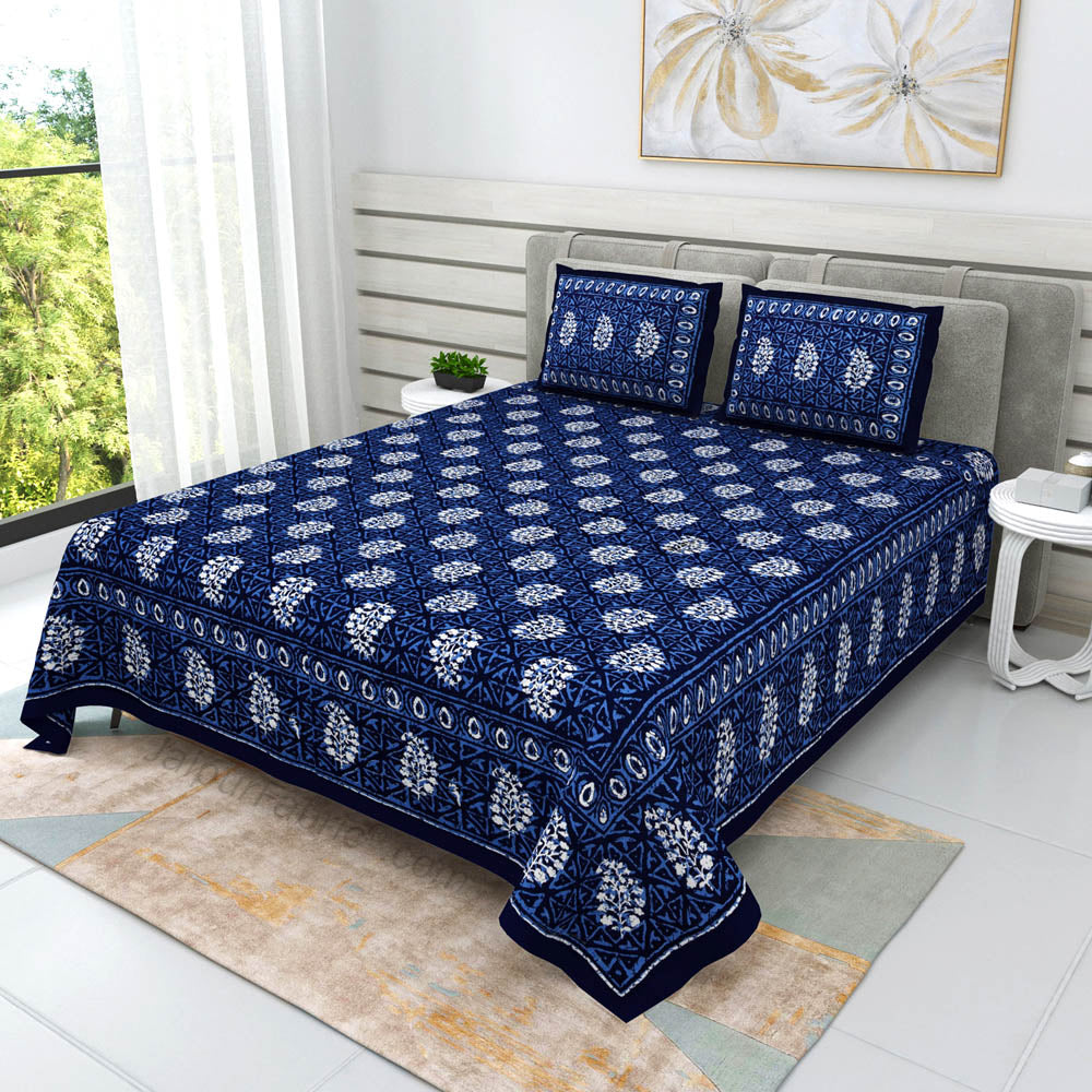 Blue Buta Dabu Print Jaipuri Double Bedsheet