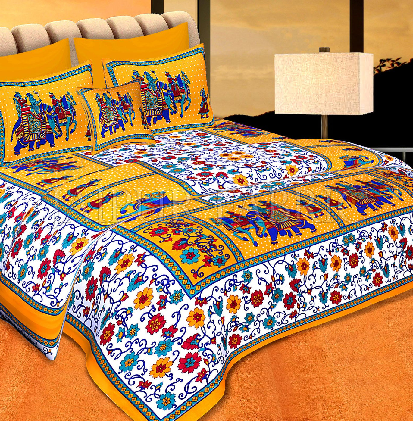 Yellow boarder with barat pattern double bed sheet