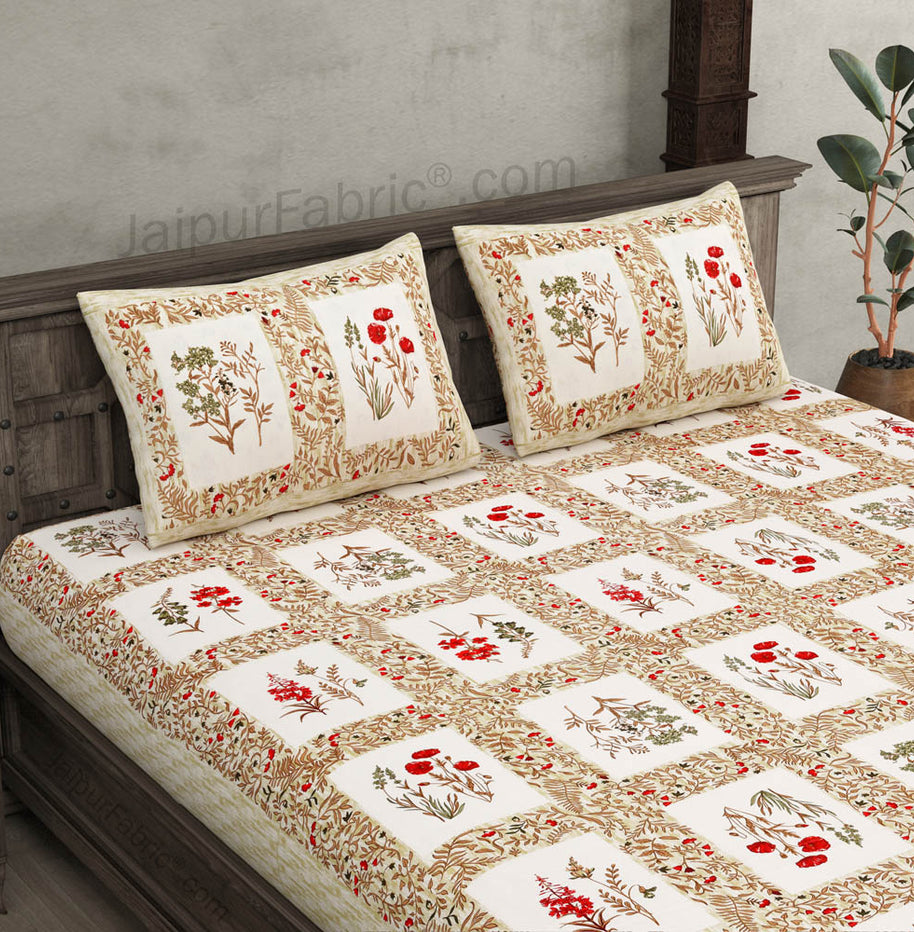 Floral Frame Brown Cotton Double Bedsheet