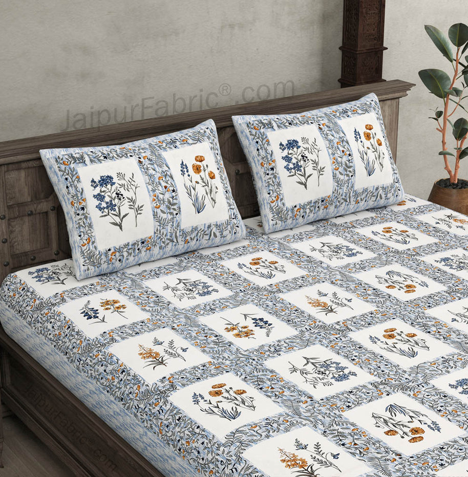 Floral Frame Grey Cotton Double Bedsheet