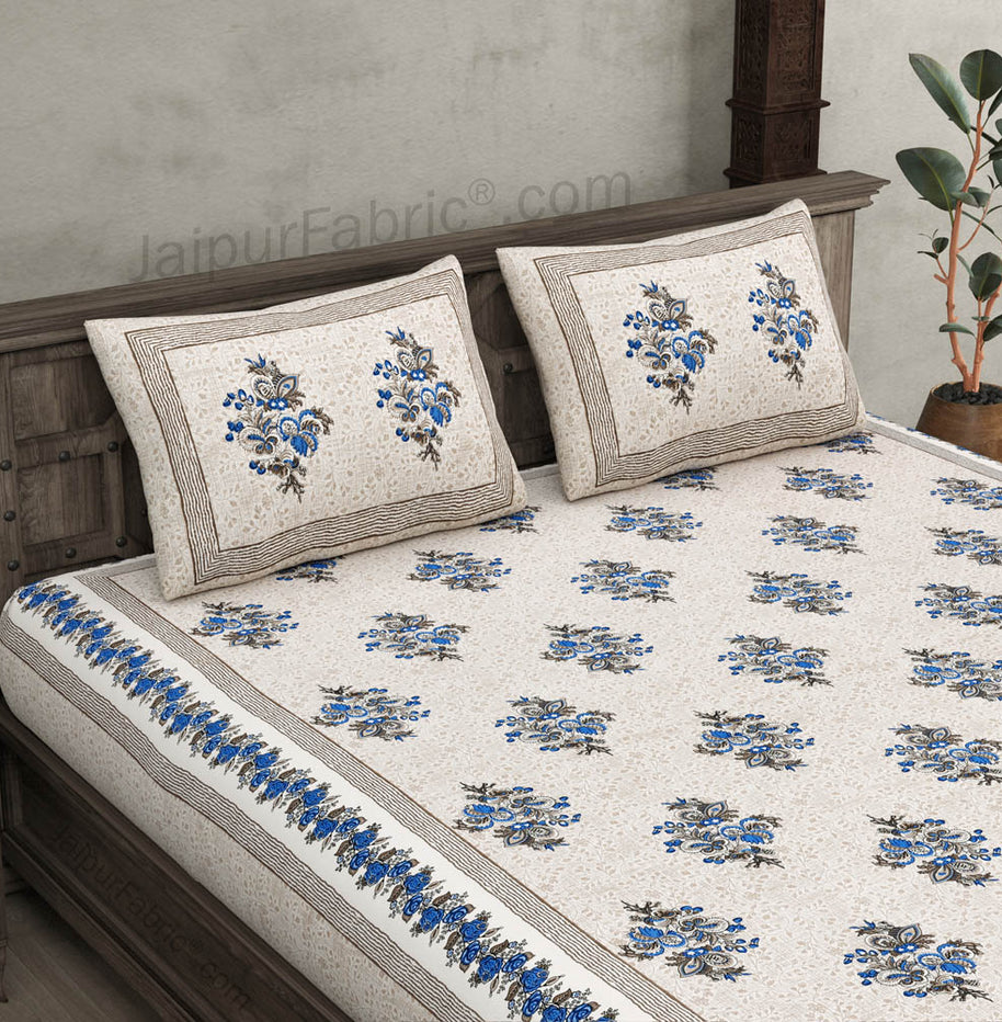 Bouquet Beveled Blue Cotton Double Bedsheet