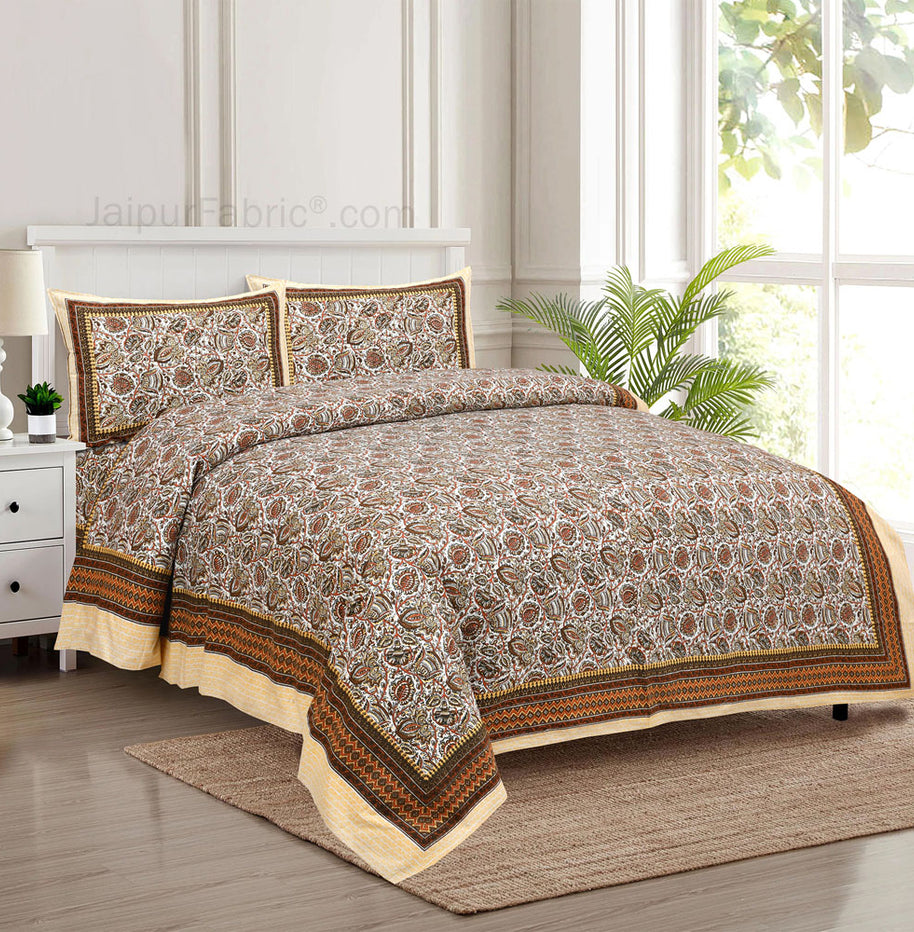 Brown Florets Jaipur Fabric Double Bed Sheet