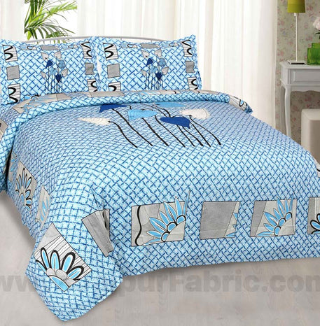 Lotus Leaves Blue Pearl Cotton King Size Bedsheet