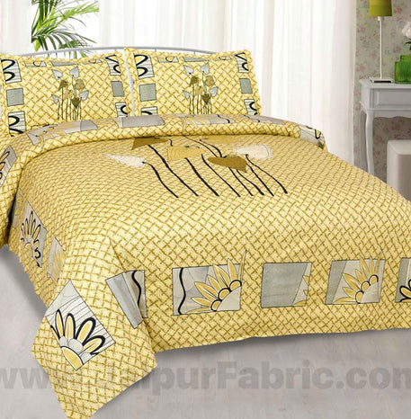 Lotus Leaves Yellow Pearl Cotton King Size Bedsheet