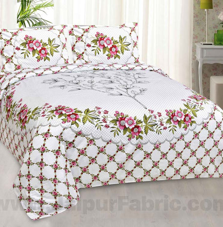 Snow-White Floral Cotton King Size Bedsheet