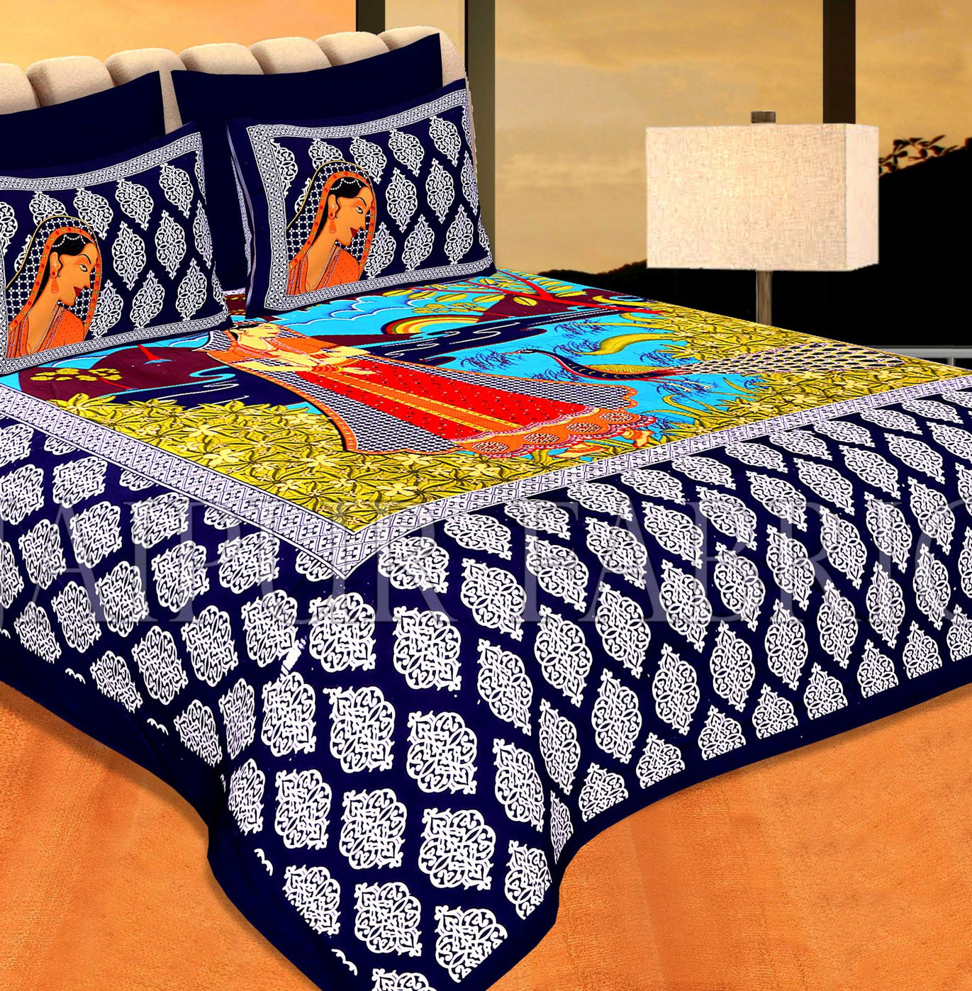 Navy Blue Border Lady With Peacock Pigment Print Cotton Double Bedsheet