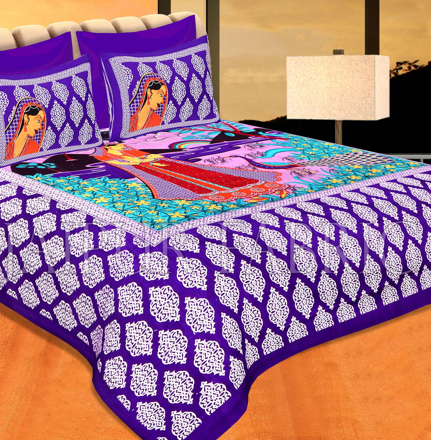 Purple Border Lady With Peacock Pigment Print Cotton Double Bedsheet