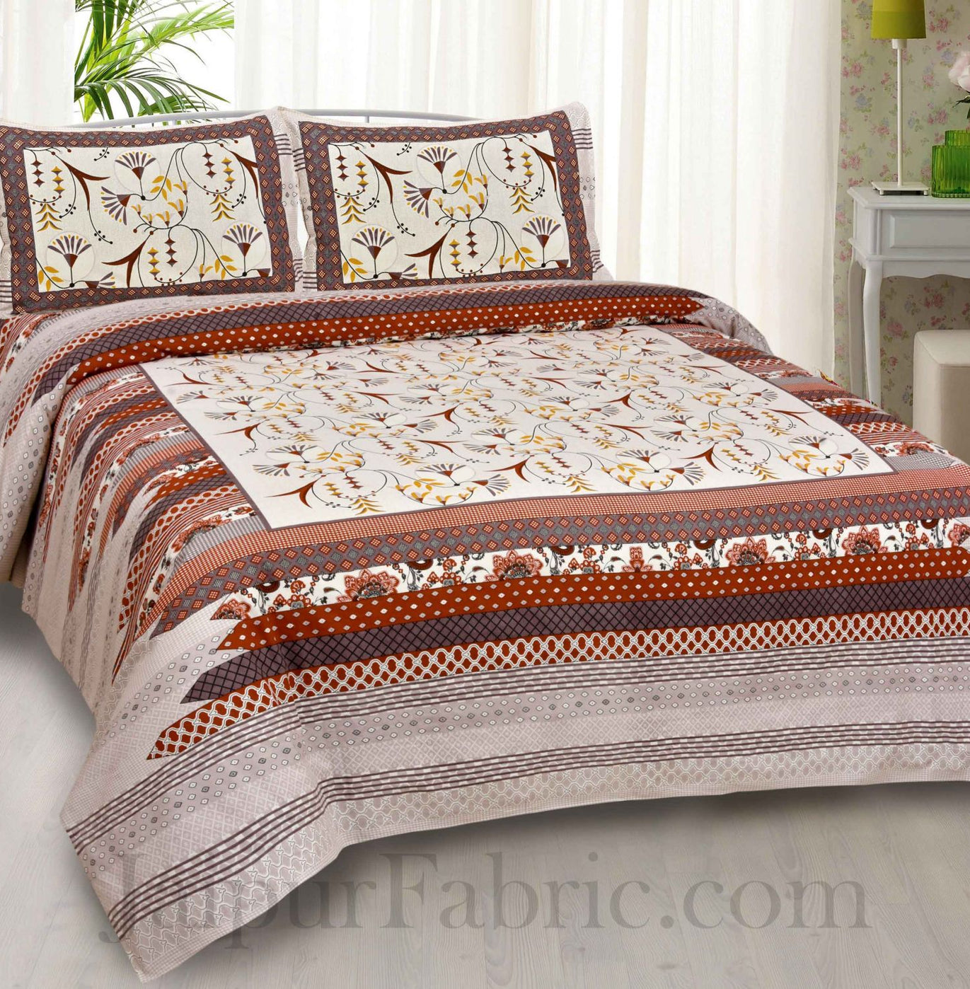 Maroon Floral Ethnic Cotton Jaipur Double Bedsheet