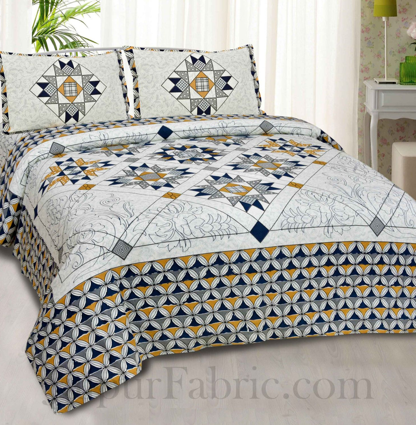 Grey Small Ethnic geometric Cotton Jaipur Double Bedsheet