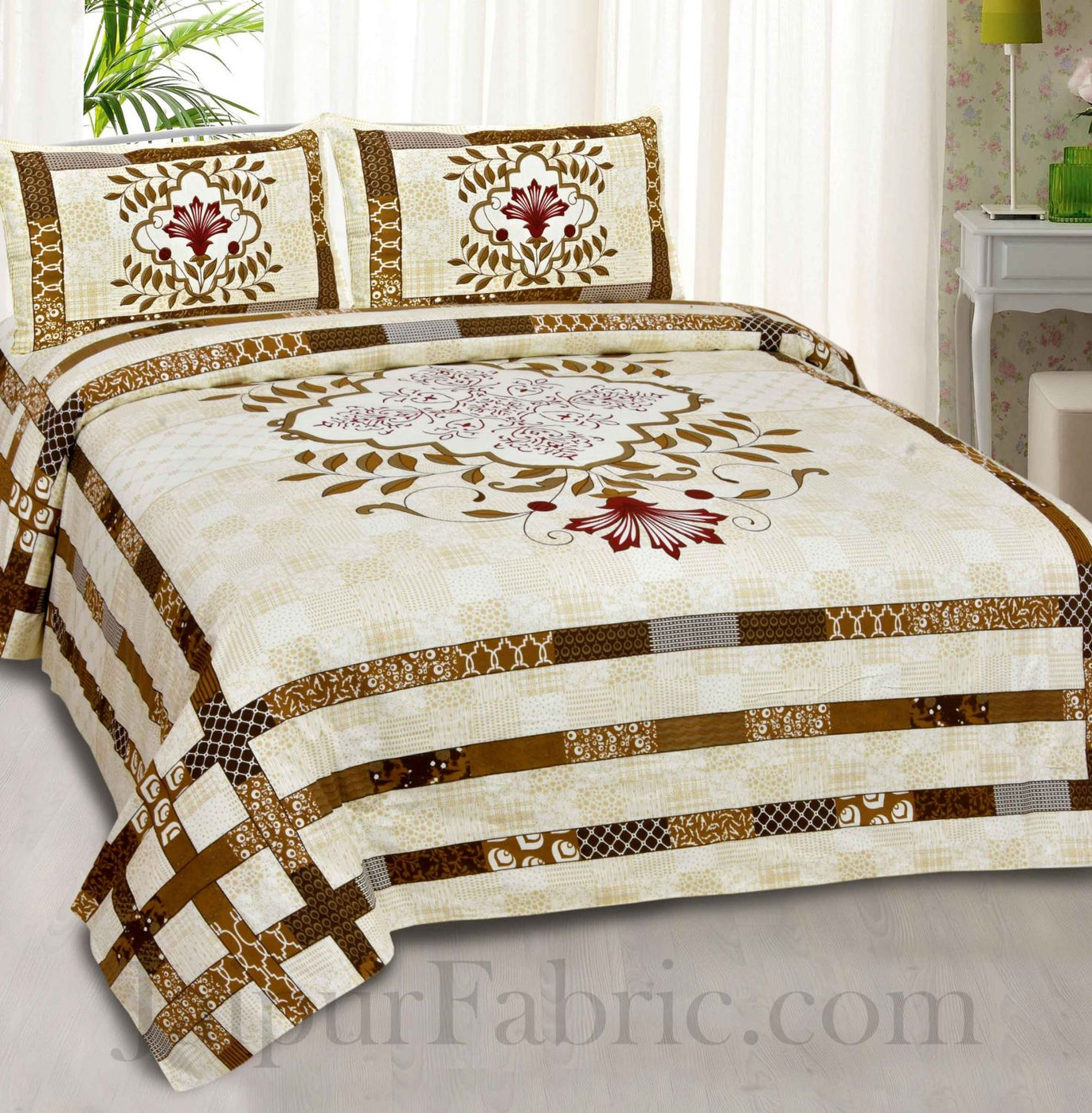 Brown Floral Print Cotton Jaipur Double Bed Sheet