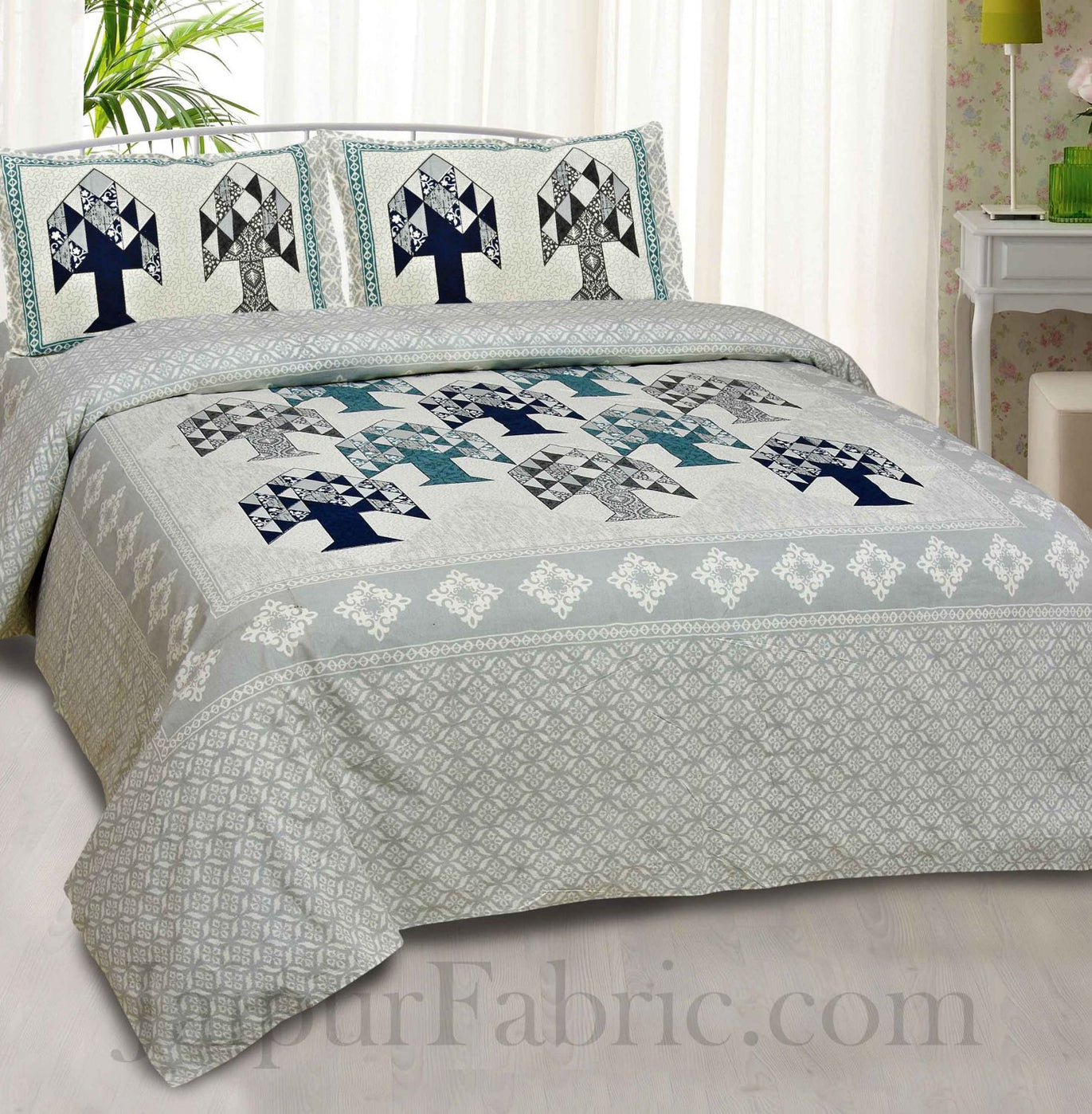 Silver Buta Print Ethnic Cotton Jaipur Double Bedsheet