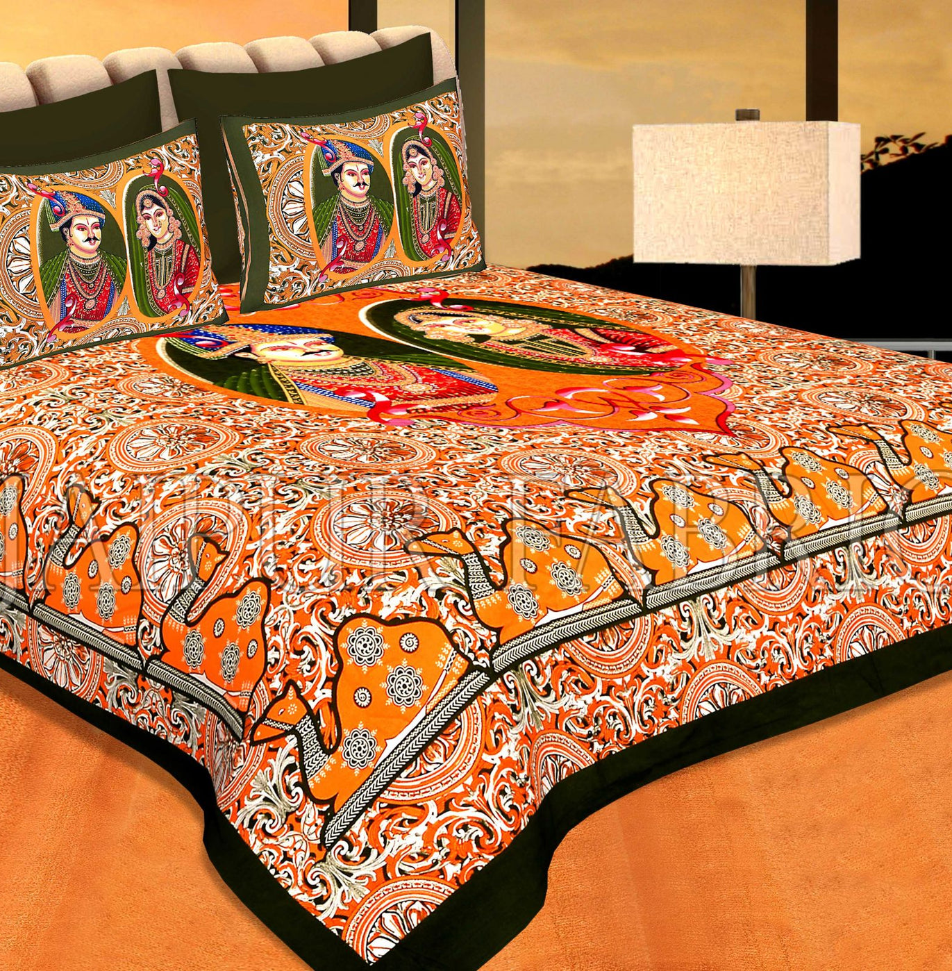 Green Border Orange Base With Raja-Rani Print Pigmet Print Cotton Double Bedhseet