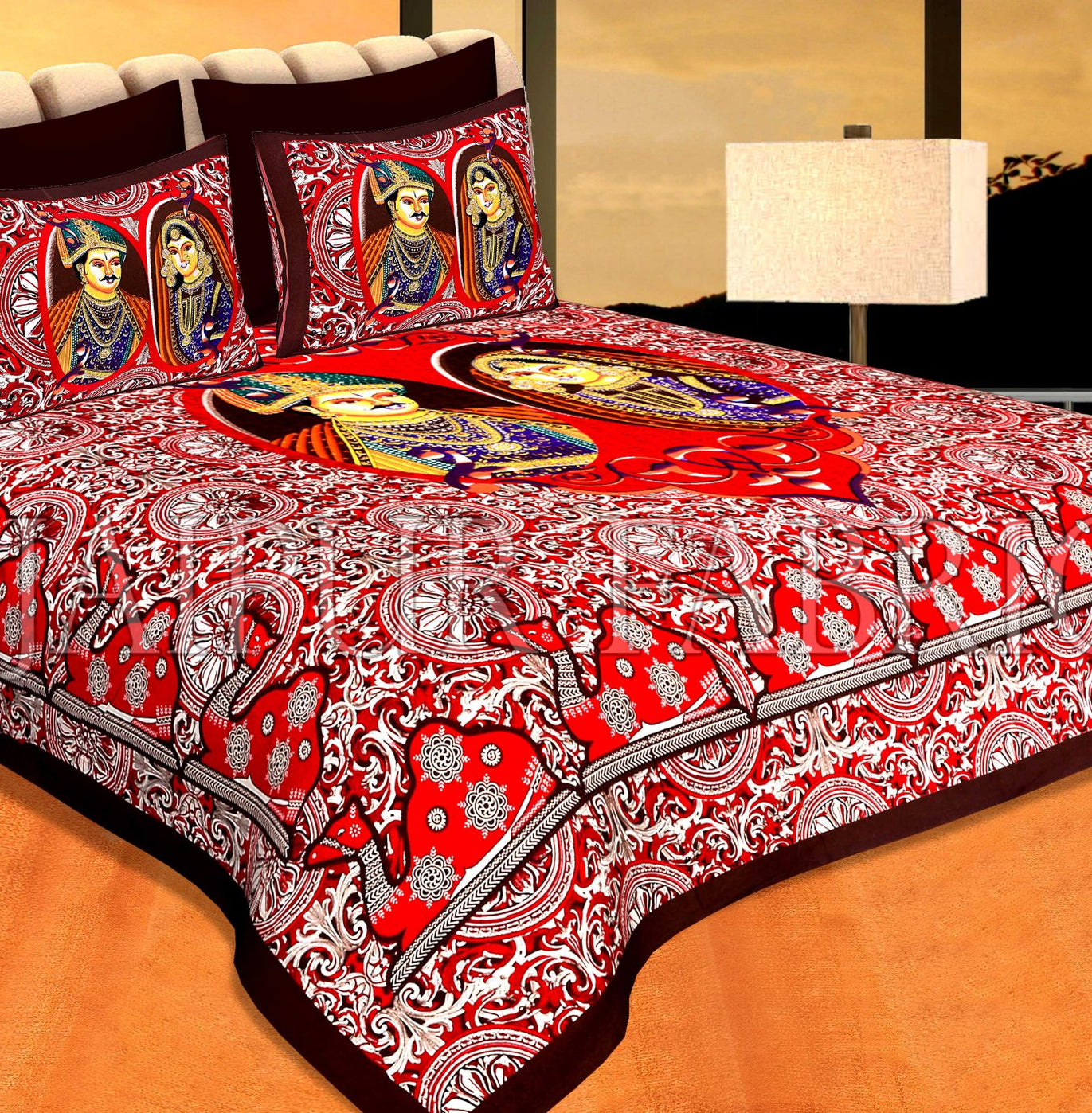 Coffe Color Border Red Base With Raja-Rani Print Pigment Cotton Double Bedsheet