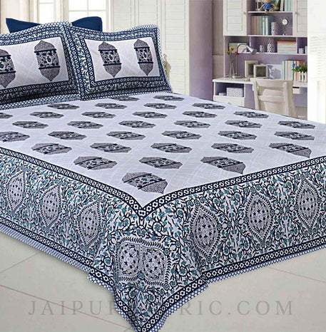 The Hawa Mahal Jharokha Blue Cotton Double Bedsheet