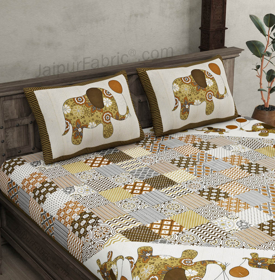 Modern Art Olive Brown Pure Cotton Patchwork Print King Size Bed Sheet