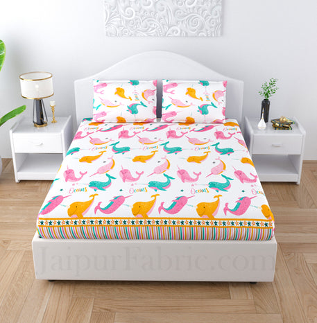 Colurful Dolphin White Poly Cotton Double Bedsheet