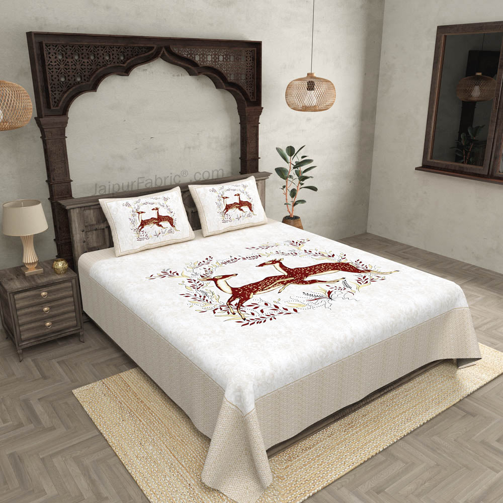 Cream Jungle Deer Pair Cotton King Size Bedsheet