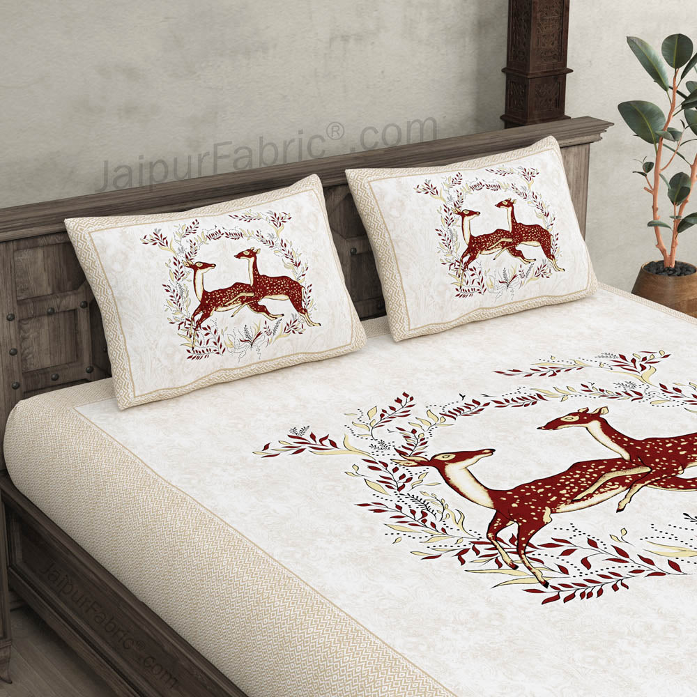 Cream Jungle Deer Pair Cotton King Size Bedsheet