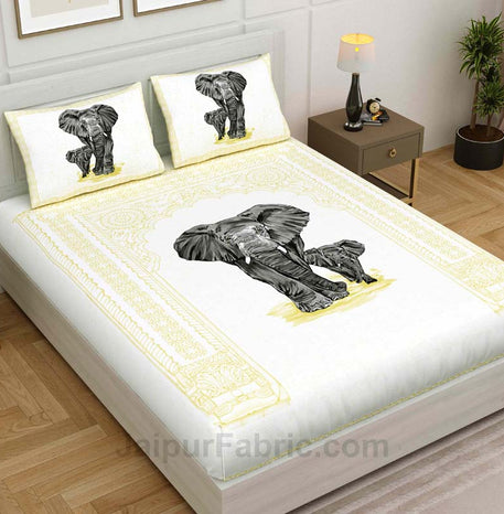 Yellow Elephant Print King Size Bedsheet