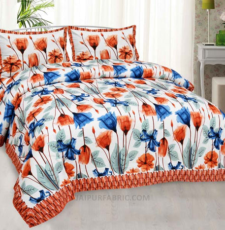 Blue Red RoseBud Canvas Painting Prints Double BedSheet