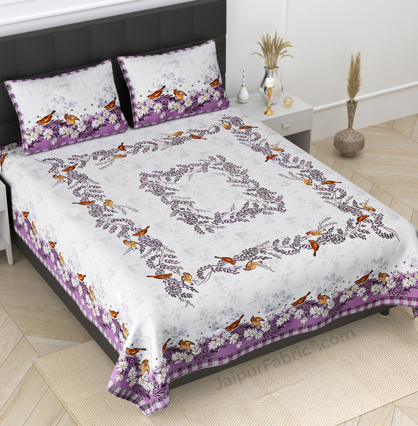 Daisy Flower Birds Print Purple King Size Bedsheet