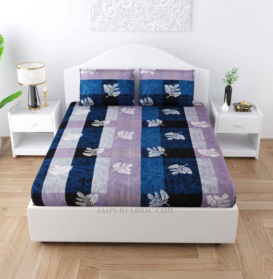 Leafy Decor Blue Poly Cotton Double Bedsheet