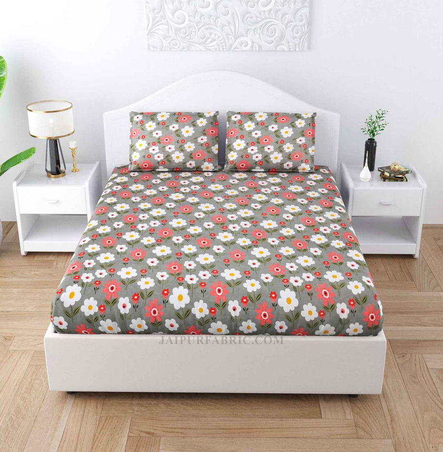 White N Peach Flowers  Poly Cotton Double Bedsheet